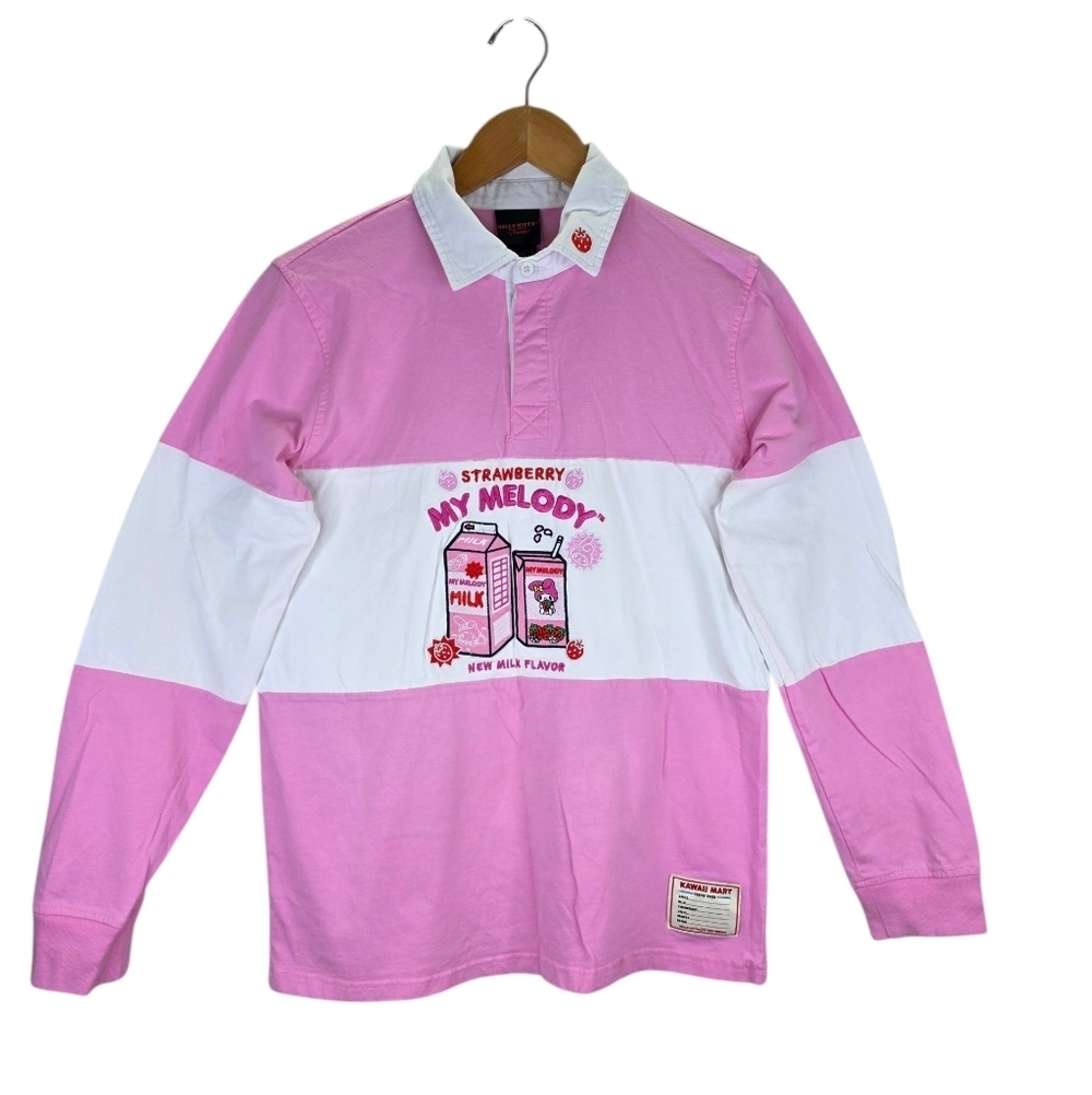 Sanrio My Melody Strawberry Milk Rugby Shirt Long Sleeve Polo Small Pink White
